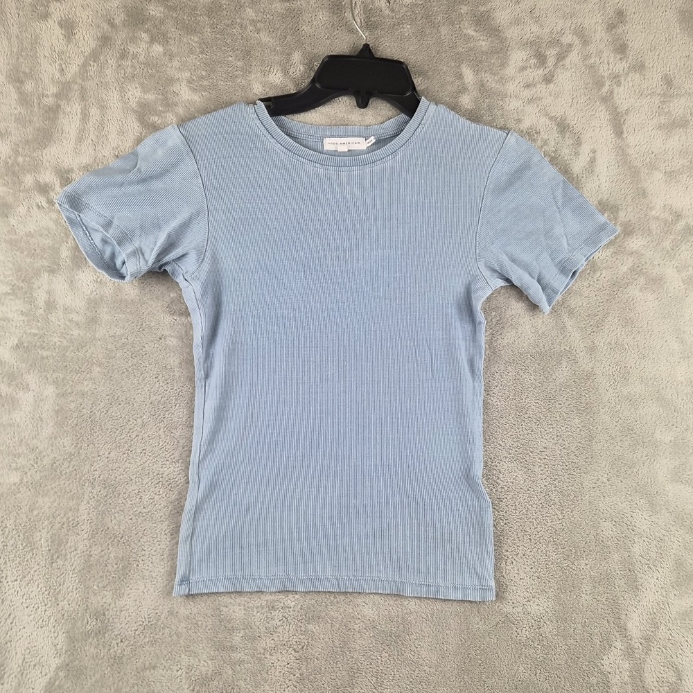 Good American Top Womens 1 Light Blue Ribbed Tencel Stretch Fitted Baby Tee